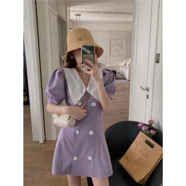 맞춤 퍼플 컬러의 소금기 있고 달콤한 원피스 프렌치 조거 허리 날씬해 보이고 키도 큰 드레스