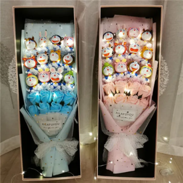 기념일 꽃다발 네티켓 생일선물로 여자남심 크리에이티브 캐릭터 피겨 인스 졸업선물 소녀심, 08 핑크 LED 곰토끼＋개창 블랙캐리어