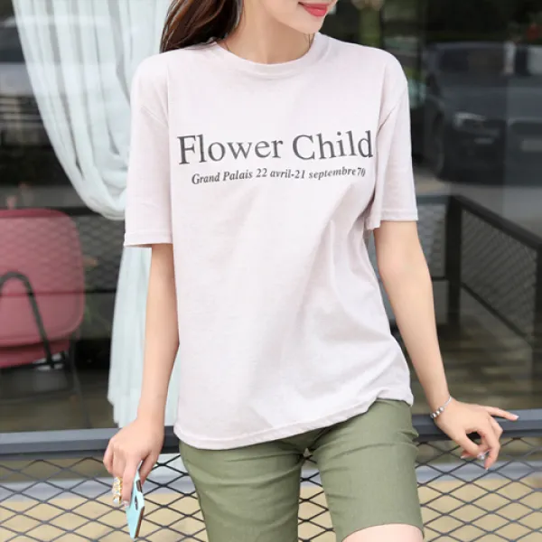 플레이팝 여성용 라운드넥 4컬러 심플 기본핏 영문 레터링 프린팅 반팔 플라워 티셔츠