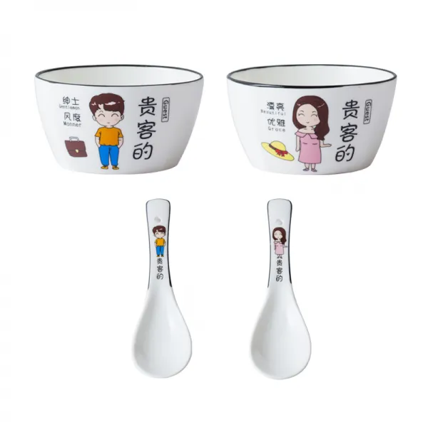 하늘직구ONE 캐릭터식기세트 독창적 일가 네 식구 전담자 전용 수저 구분 가정용 도자기, 귀객 2그릇 2숟가락