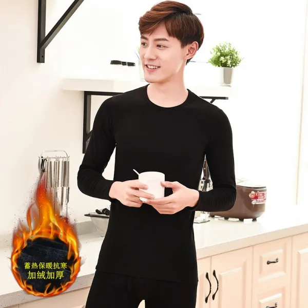 청년 누런색 겨울 가을 계절 내복상하의 두터운 융털 라운드넥 슬림 이너