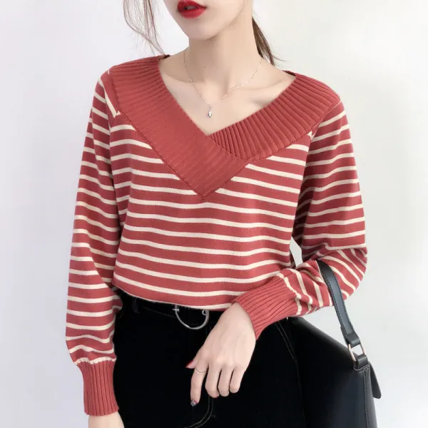 블랙바바 여성 브이넥 스트라이프 니트티셔츠19111159