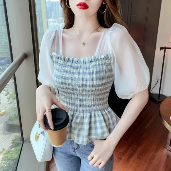 (THE)더 나은 상의반팔 전문점 철수함 궤 마름질 여성의류 스퀘어넥 망사 벌룬소매 체크 쉬폰 숏