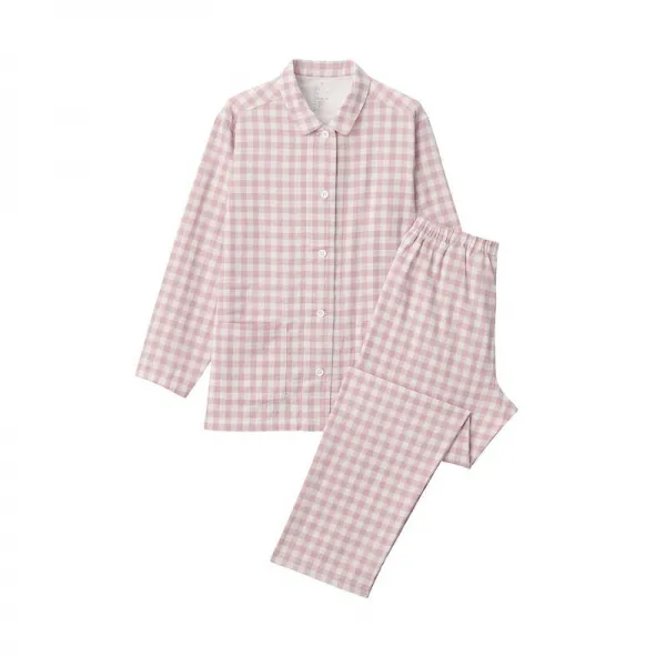 무인 양 품 MUJI 여성 용 사 이 드 스 티 치 더 블 짜 임 잠옷 순면 파자마 세트 분홍색 X 체크 L