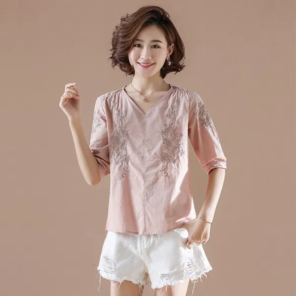 패션이루 린넨 브이넥 5부 블라우스 여름 미시 슬림핏 면 셔츠