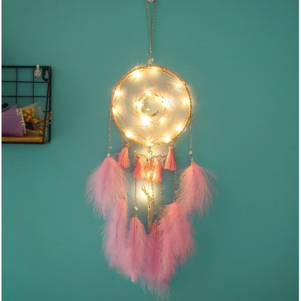 드림캐쳐 드림캐처 깃털 풍경 걸이식장식 가구 실내 인테리어 거는장식 창의적 공중 장식품 등장식 선물 T20 화판 핑크 달모양 라이트내재 타입+사은품