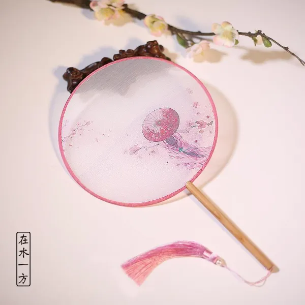부채 .고풍 여름 둥글 차이나스타일 무용 한나라의복 고대의상 궁전 여성타입 고전 태슬 작은원형, T20-느티나무 긴손잡이-물 한 쪽에, 기본