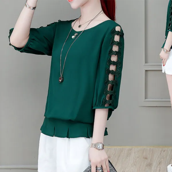 모노그린 당일발송 라운드 넥 쉬폰 루즈핏 펀칭 블라우스 셔츠 빅사이즈toc1096