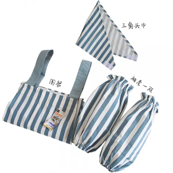 땡땡이 스트라이프 폴카도트 패브릭 앞치마 주방 홈 작업복, 스트라이프 블루 [앞치마 + 슬리브 +머리띠]