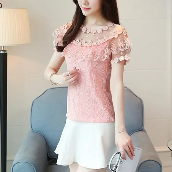 여성 샤랄라 블라우스 라운드넥 꽃무늬 패션 코디