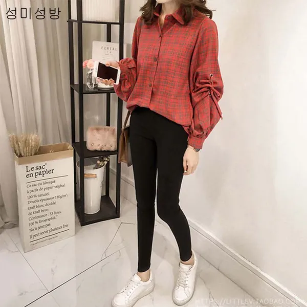 성미성방 가을 땡땡이 Mm 셔츠 기질 학생 긴팔 여 디자인 빈티지 하의 라지 캐주얼 뷔스티에 청 소매 톱 블라우스x02