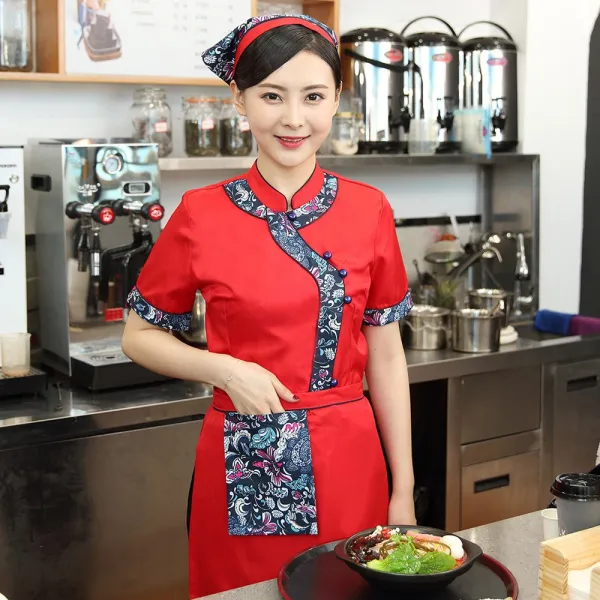 떠블유디몰 작업복 특색 농가악 여름옷 여성 플라워 클래식 에스닉 풍전등화솥 음식점 미드 음식 복무원 반팔, XL 여성 레드