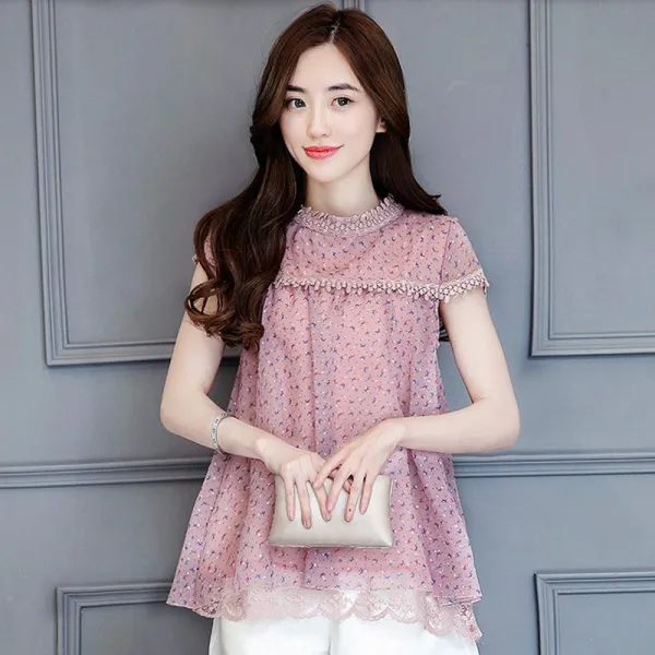 패션이루 민소매 레이스 쉬폰 블라우스 여름 여성 반팔 이중SIJ