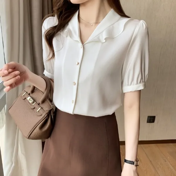 희망하나 프릴가디건 프렌치시크 페블럼라인 흰색와이셔츠 여성 여름 와이드 루즈핏 반소매가디건 상의 트렌드