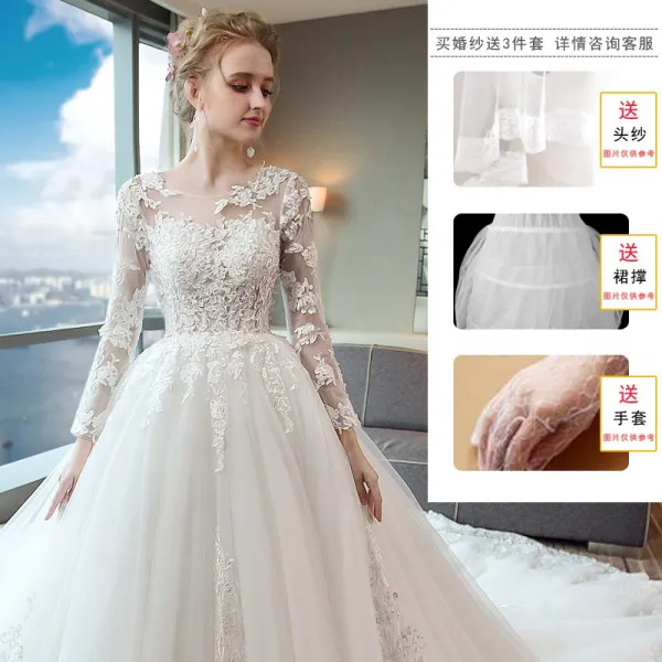 A Robot 빅사이즈 긴팔 라운드/V넥 공주/임부 A라인웨딩드레스