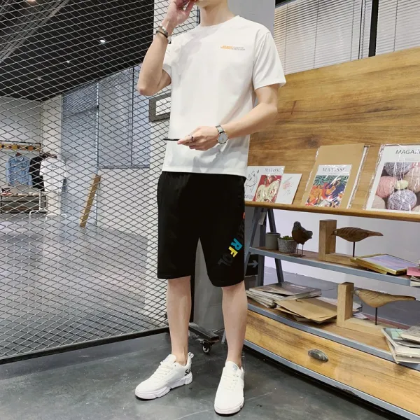 캐주얼 남하 반팔 t 반바지 뉴트렌드 세트 남장 코디 멋스러우며 트렌디한 청년 패션, 화이트