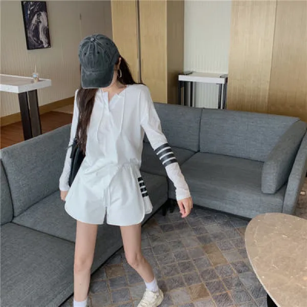 SURBORT 와이드 스트라이프 후드 자외선 차단제 긴팔 티셔츠 여자+밴딩 반바지 길거리 튀김 세트