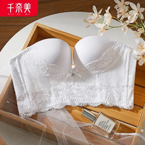 천 네 미 어깨 끈 속옷 여 집합 미끄럼 방지 스텔스 브 라 이 프 웨 딩 튜브 얇 은 브 라 에 흰색 70B