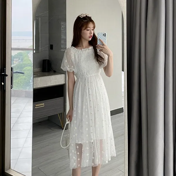 REDLIFO 여성 퍼프 원피스 름 법식이 선선한 데이지 자수 망사 중 롱 반