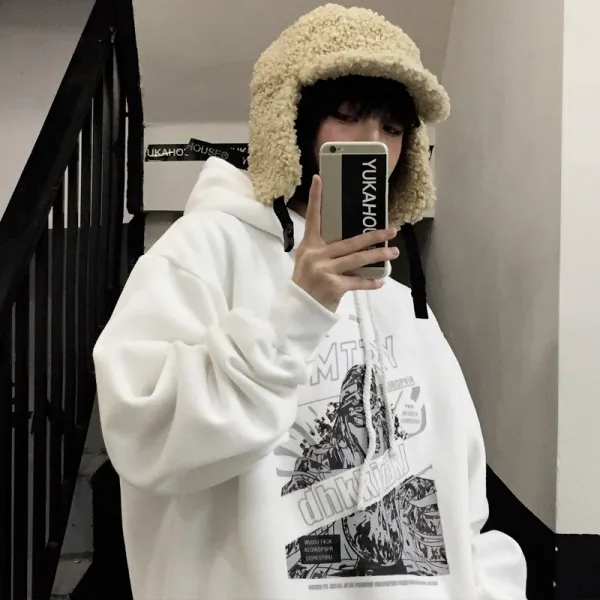 INS 겨울 가을 하라쥬크 바람이 어두컴컴함 계 플라워 프린트 기모 융 남자 학생 캐쥬얼 커플룩