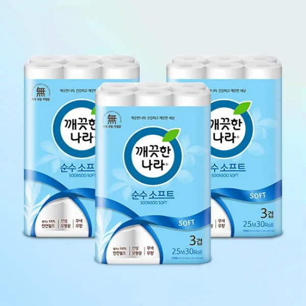 깨끗한나라 화장지 순수소프트 휴지 30롤x3팩, 없음