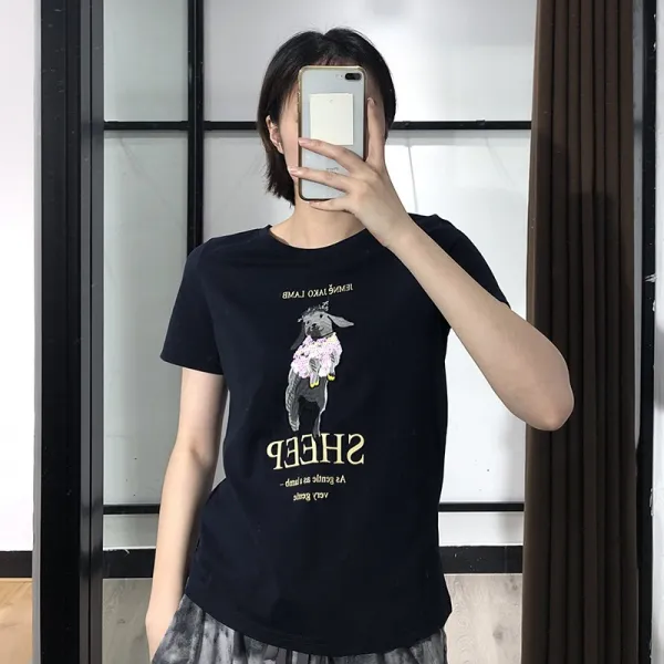 하오타오 라운드티 식체 가게 내수판매 스타일 동물 자수 글리터 장식