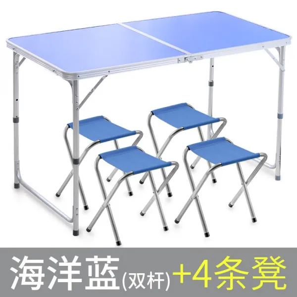 야외테이블 휴대용 야영 야외 테이블식 관절큐테이블 접이식테이블 긴탁자 마케팅 노점 자가운전여행 T12 I36쌍봉 블루색+4의자
