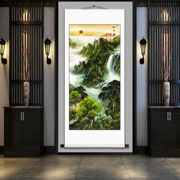 그림 산수화 앞 서화 벽 산을 끼고 있다 마네키 풍수화 거실인테리어 중당화 국화 사람 3807273216, 200x80cm, 밝은해가동쪽에서떠오르다B세로묵인콤비네이션타입