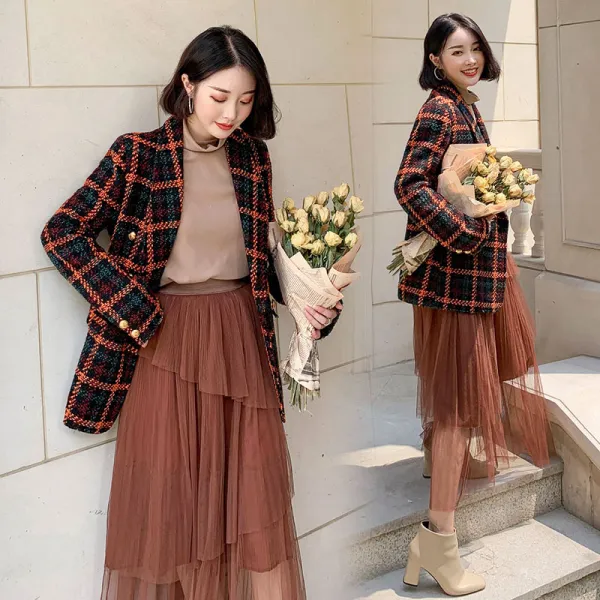 벨라루티 고급스러운 트위드 체크 진주 테일러드자켓