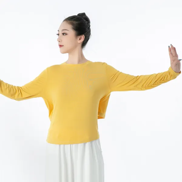 댄스복 현대무용 루즈핏상의 여자성인 트레이닝복 블랙색 무용 클래식한 모달 패션 끈허리띠 형체 옷, C09-머스터드 후계 포함롱 소매
