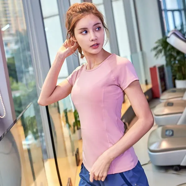 하 망사 운동 상의 여 속건 헬스장 반팔 티 달리기 요가복 단련 고탄력 헬스웨어, 라이트 핑크 TX3118