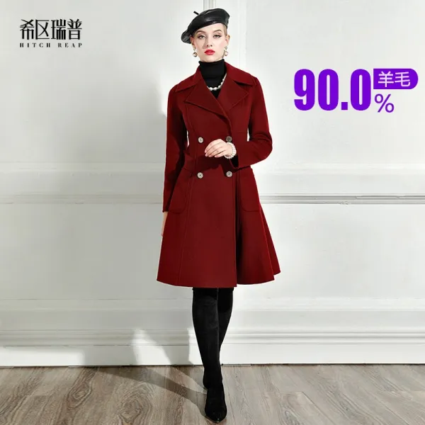 여자핸드메이드코트 양면 90울 코트 여자 허리조임 미들롱타입 노캐시미어 외투 와인색