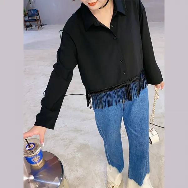 큐브리빙샵 검정색긴팔셔츠 S고깃집 빅사이즈 여성의류 블라우스 뚱뚱한 감복 와이드 루즈핏 여름옷