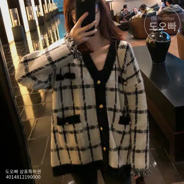 도오빠 여자 가디건 여성가디건 격자 무늬 체크 패턴 V넥 숏 코트 루즈핏 트위드 가을 겨울 오피스룩 직장인