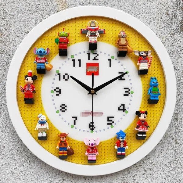 미니 레고 피규어 벽시계 블록 장식 벽시계 라운드 12인치 음소거 어린이방 장식 벽시계 아이방 레고조립 벽시계, 클래식 배경 만화 피겨 (흰색 프레임)