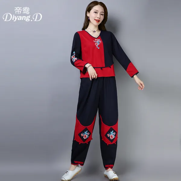 드림열차 린넨세트 면린넨 긴 가을 클래식 민족 풍조 매듭 블러킹 꽃자수 벌룬팬츠 투수영복