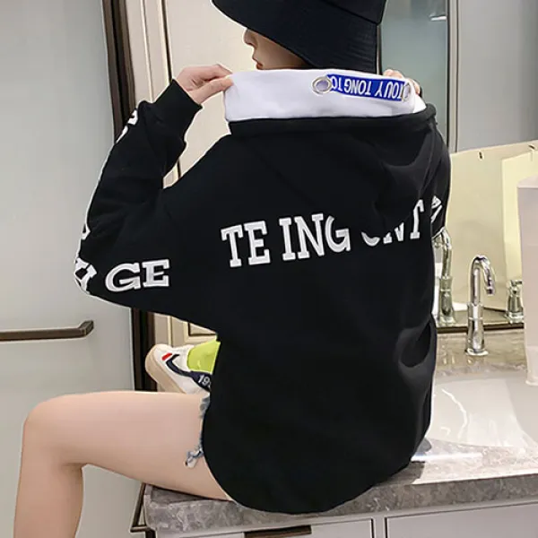 바니드 여성 래터링 맨투맨 오버핏 박시한 후드 긴팔 티셔츠