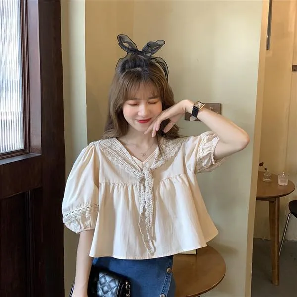 벌룬소매 스카프숄 타이 여자 블라우스 백시스루 청순