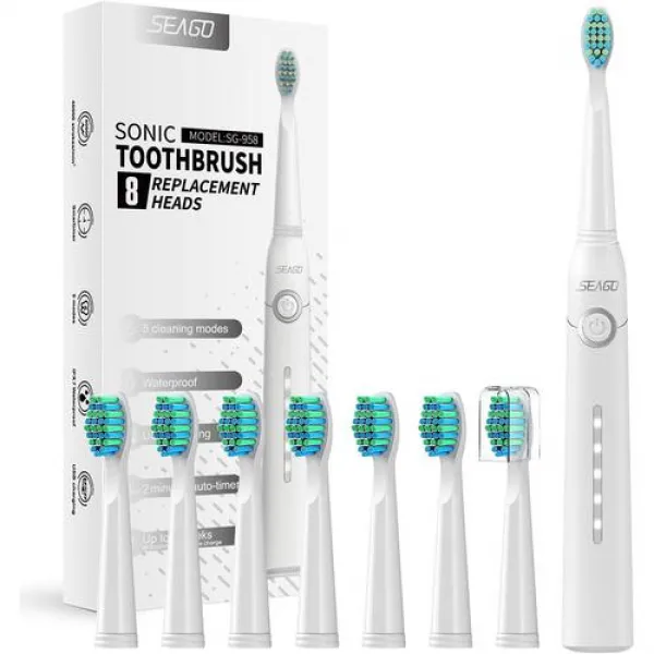 성인과 어린이를위한 Seago Sonic 칫솔 8 개의 칫솔모가있는 충전식 전기 지난 30 일 동안 한 번 충전 5 모드 및 스마트 타이머 M8White