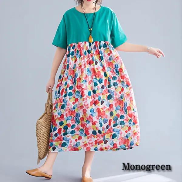 모노그린 레트로 라운드넥 반팔 루즈핏 원피스 드레스 2cbrl37