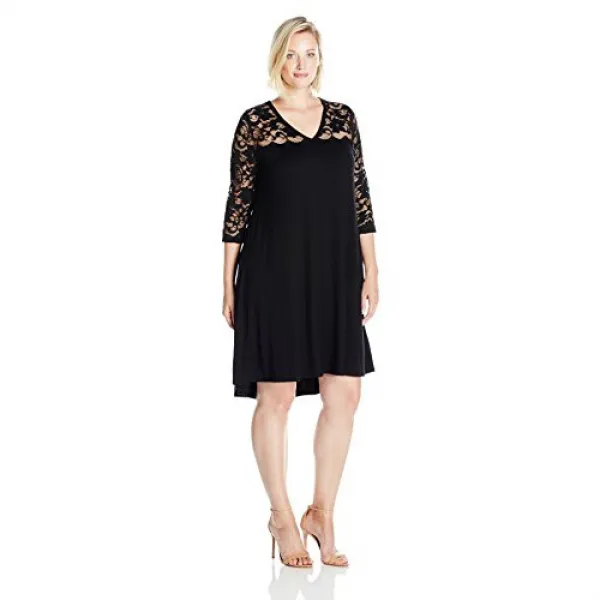 Karen Kane Womens Plus Size V-Neck Lace Yoke Swing Dress