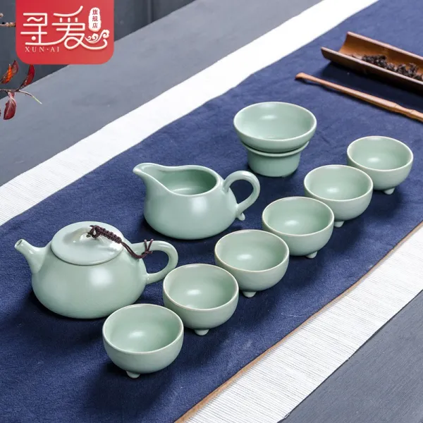 10헤드 다기 쿵푸 뚜껑 그릇 풀 찻주전자 골자기 청 기프트, 돌팔매통 10헤드 여요