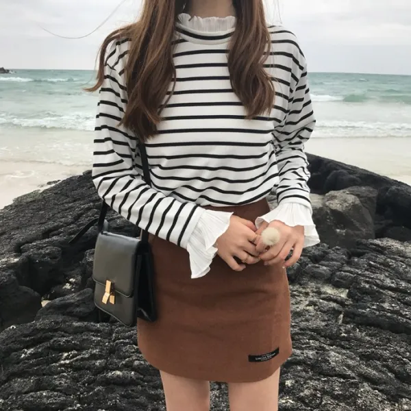 GB1004 여성 겨울 늦가을 프릴 맨투맨 스트라이프 빅사이즈 캐주얼 CA902 긴팔 티셔츠