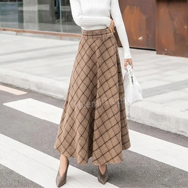 Haemiltrade 추동 체크 롱 스커트 모직 혼방 밴딩 포켓 A 라인 치마 Hma995