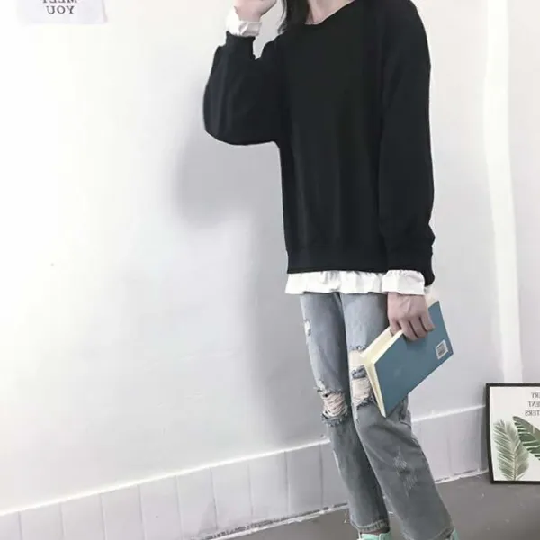 2020 뉴웨이브 폴라 솔리드 배기 소매 상의 심플 100족 긴팔 흑백가로 통근