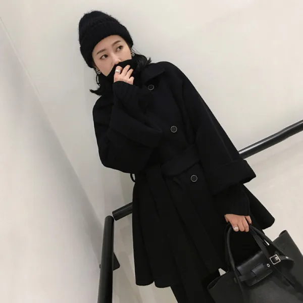 저렴한 블랙 더블 브레스트 케이프 캐시미 모직 코트 여성 레이스 업 숏 롱 양면