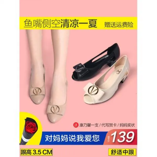 여성 미들힐 펌프스 힐 구두중년 여성 신발 가죽 신발 여름 샌들 부드러운 바닥 40 봄과 가을 어머니 하이힐과 50 년 된 편안한 단일 신발로 두꺼운