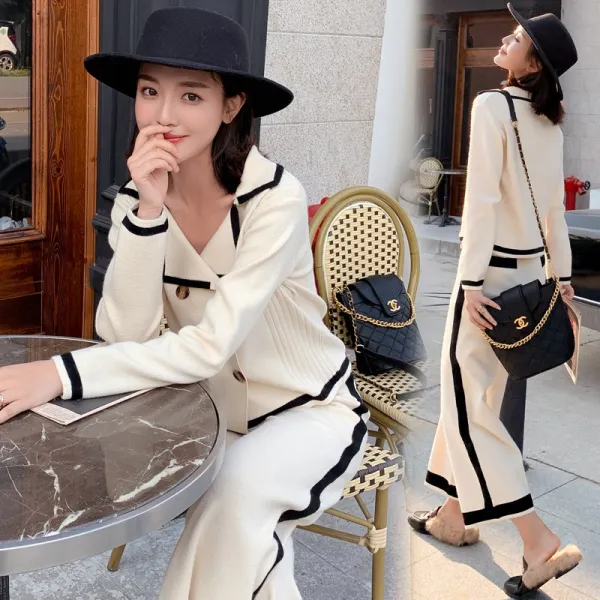 Okseller1 커리어룩 긴소매 레터링 니트x니트 팬츠 세트