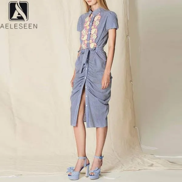AELESEEN 활주로 패션 박탈 드레스 2020 고품질의 여름 셔츠 드레스 꽃 자수 드레이프 Bodycon 파티 드레스