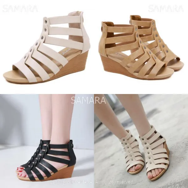 Qterra 특허브랜드 웨지힐 여성 보헤미안스타일 빅사이즈 미들굽 샌들